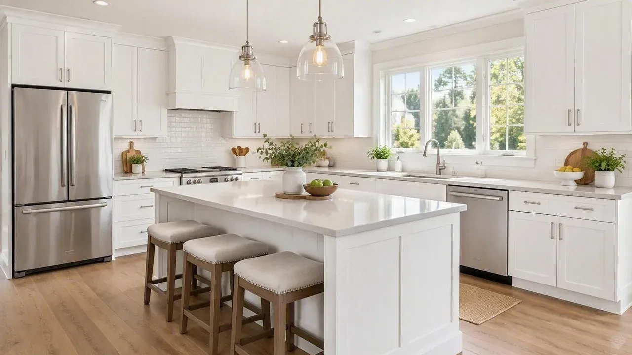 Bright completed white shaker kitchen after cabinet painting in Lincoln, NE