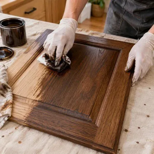 Wiping dark walnut stain into the grain of a cabinet door