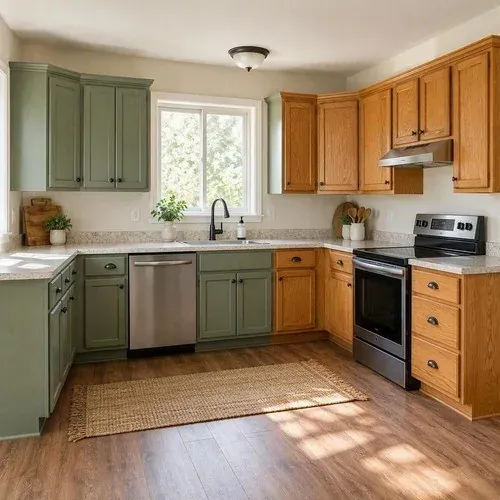Kitchen mid-project with half the cabinets still oak and half painted sage green