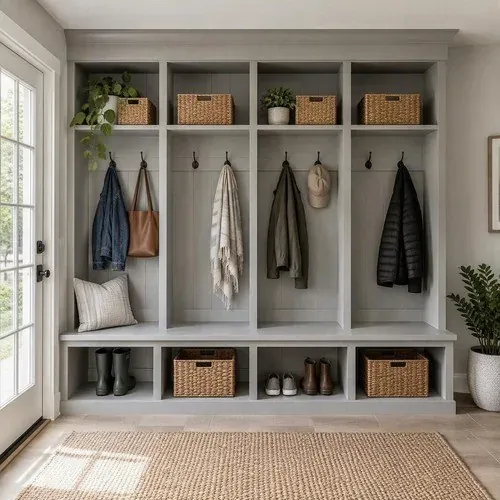 Freshly painted gray mudroom locker built-ins finished for Nebraska winters