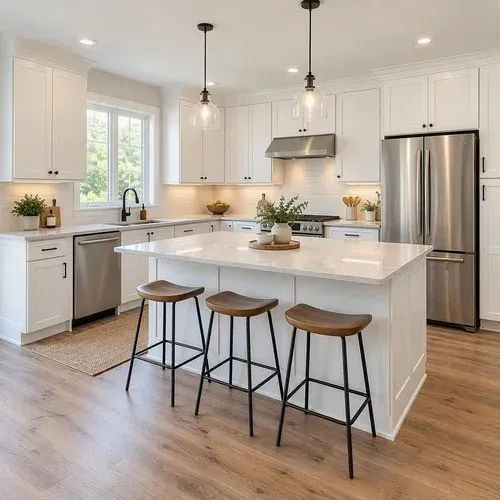 Smooth white painted kitchen cabinets that were golden oak before grain filling